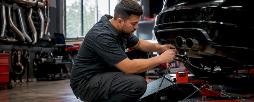 Technician preparing car for exhaust dyno test