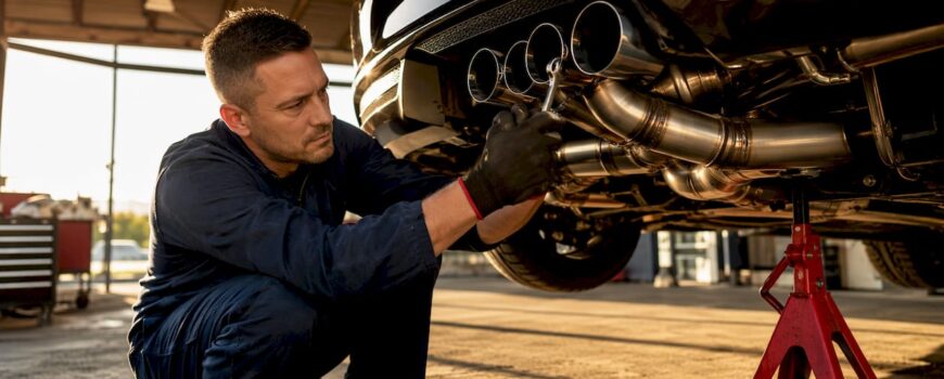Mechanic installing lightweight exhaust system