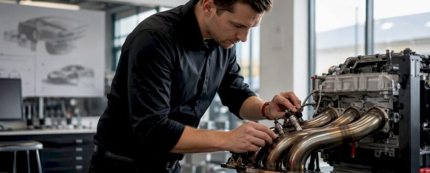 Engineer inspecting exhaust manifold at lab bench