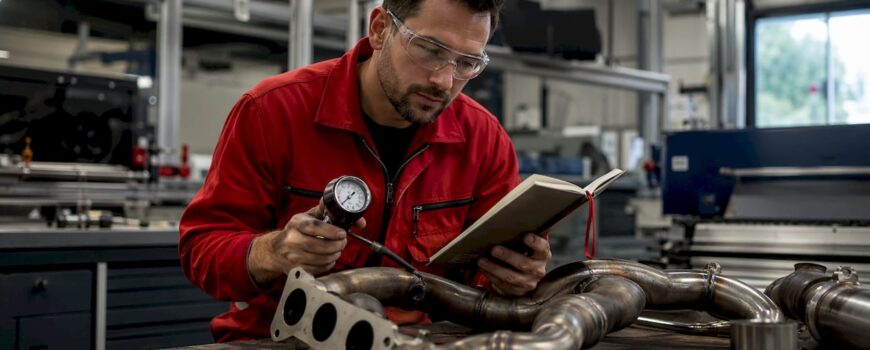Engineer inspecting exhaust header with gauge