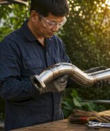 Technician inspecting T304 stainless steel exhaust pipe