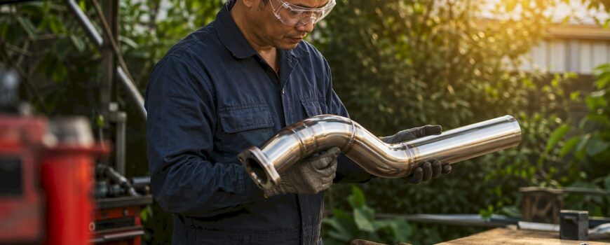 Technician inspecting T304 stainless steel exhaust pipe