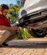Technician inspecting valved exhaust system in garage