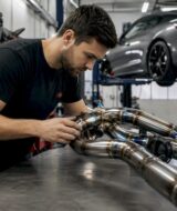 Man inspecting performance exhaust in garage
