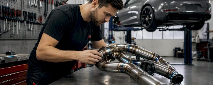 Man inspecting performance exhaust in garage