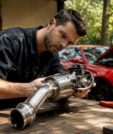 Man inspecting valve-controlled exhaust part in garage