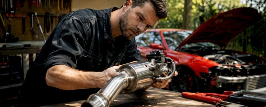 Man inspecting valve-controlled exhaust part in garage