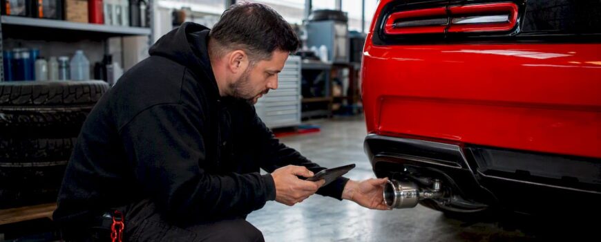 Person inspecting aftermarket exhaust on performance car