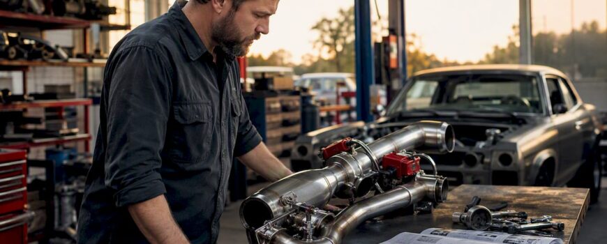 Enthusiast inspecting valved exhaust system in garage