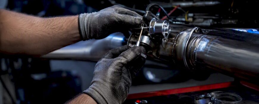 Technician hands adjusting valved exhaust component