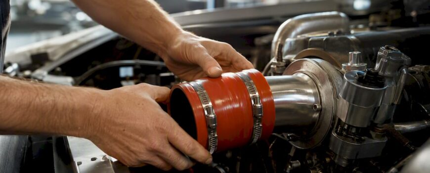 Hands fitting silicone turbo hose in engine bay