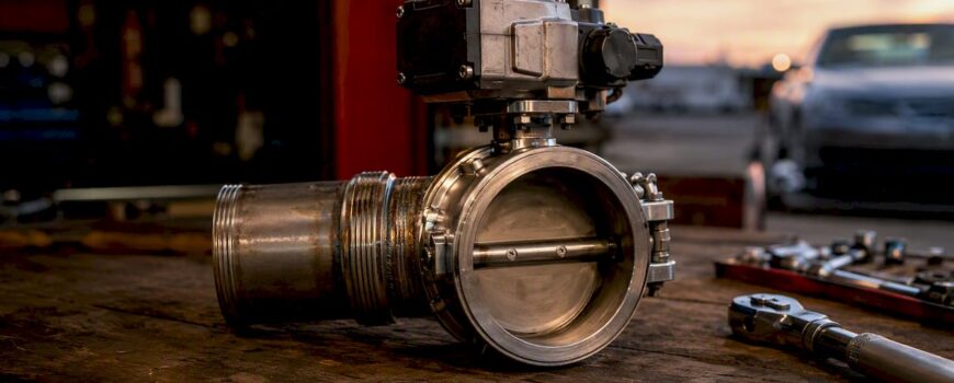 Close-up of butterfly valve in exhaust pipe on workbench