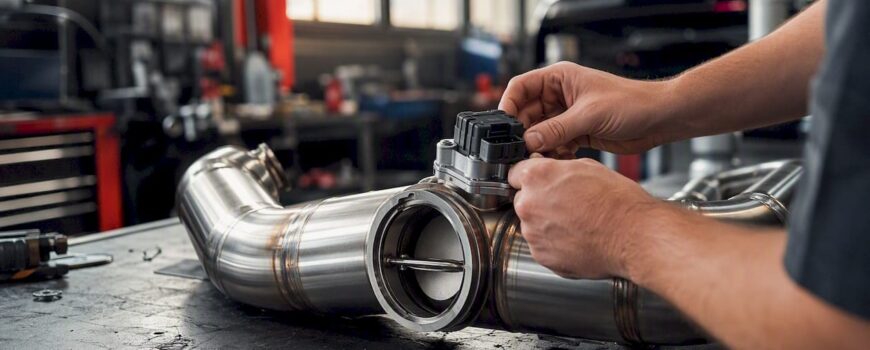 Technician operating butterfly valve in exhaust pipe