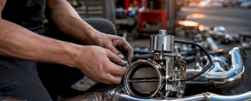 Hands adjusting butterfly valve in exhaust pipe