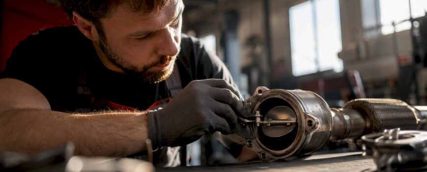 Technician adjusting butterfly valve in exhaust pipe