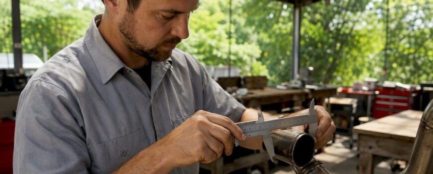 Technician measuring exhaust pipe diameter