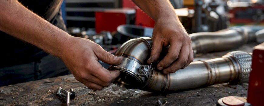 Technician hands inspecting exhaust pipe close-up