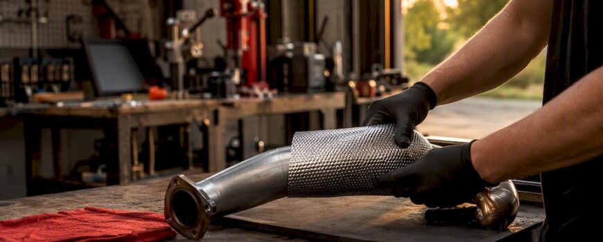 Hands installing heat shield on exhaust downpipe