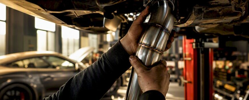 Mechanic installing aftermarket downpipe