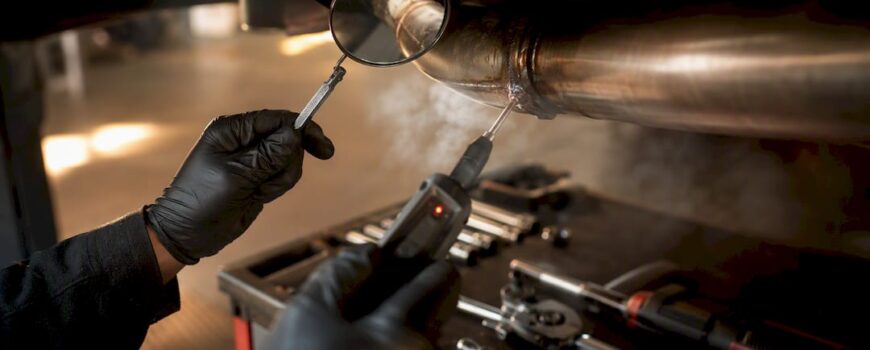 Hands inspecting exhaust pipe for leak