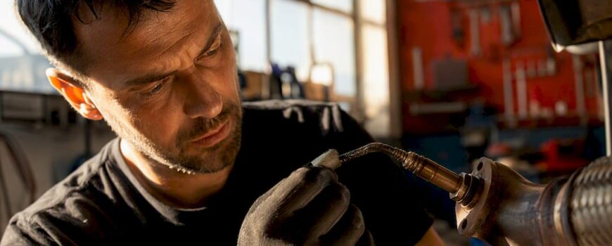 Mechanic inspecting oxygen sensor on exhaust pipe