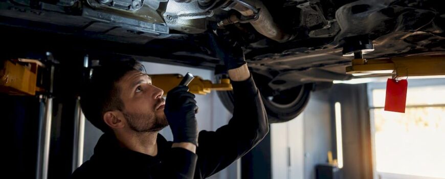 Technician inspecting lifted vehicle exhaust