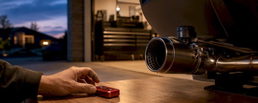 Valved exhaust outlet beside red control remote