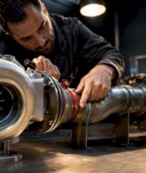 Mechanic inspecting turbocharger exhaust path