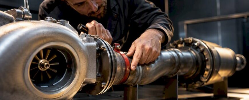 Mechanic inspecting turbocharger exhaust path