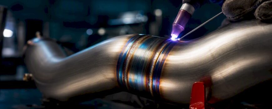 Close-up of titanium exhaust tubing weld