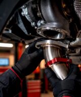 Technician aligning an anonymous turbo downpipe