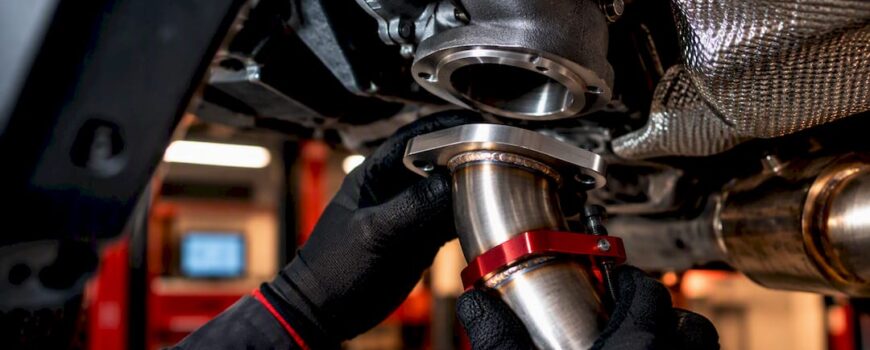 Technician aligning an anonymous turbo downpipe