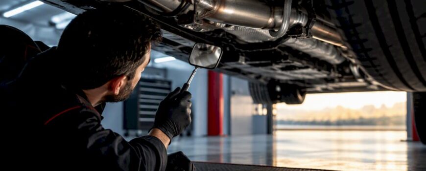 Technician inspecting anonymous exhaust underbody