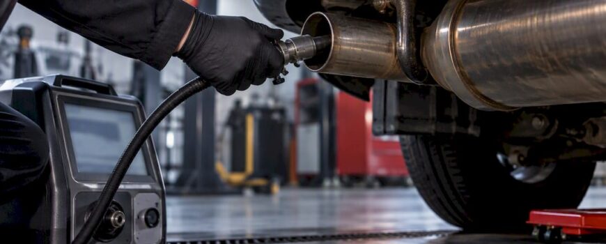 Cropped exhaust outlet during emissions inspection