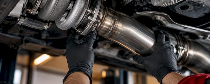 Turbo and downpipe junction under inspection