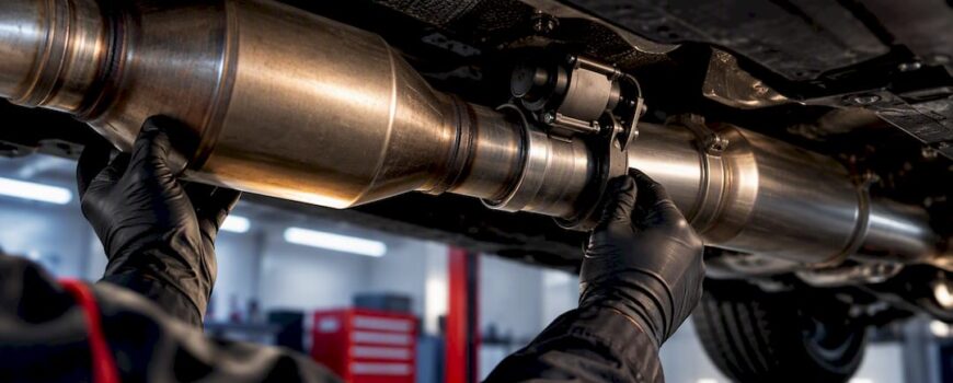 Technician inspecting anonymous valved exhaust components