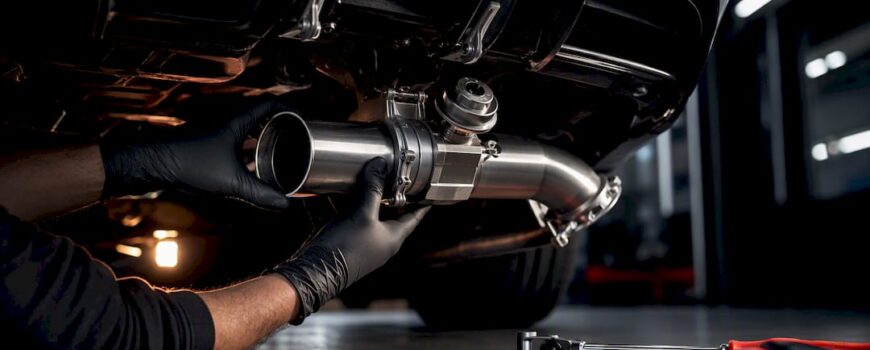 Technician fitting valved exhaust beneath performance car