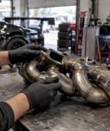 Inconel exhaust manifold in race garage