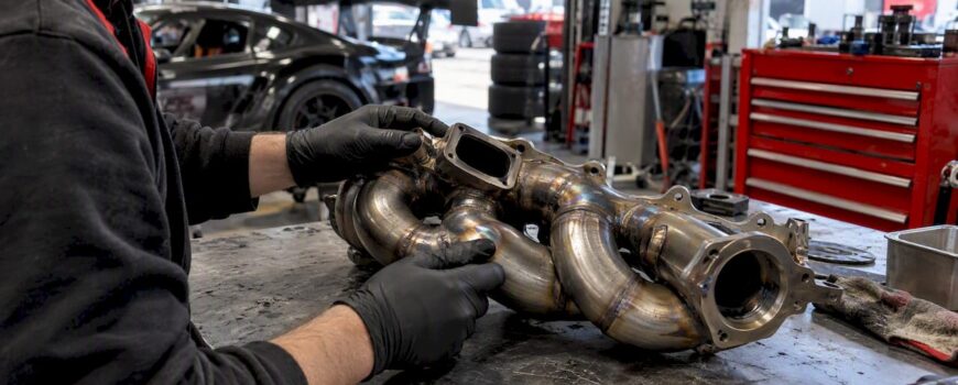 Inconel exhaust manifold in race garage