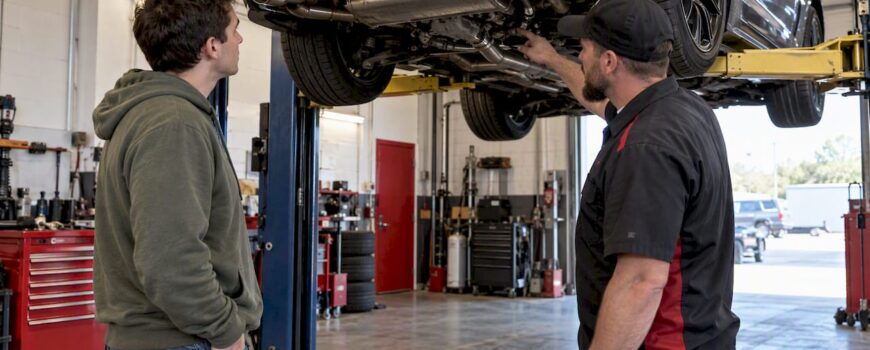 Owner and technician discussing exhaust installation estimate