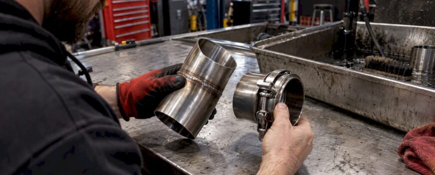 Mechanic comparing welded and V-band exhaust joints