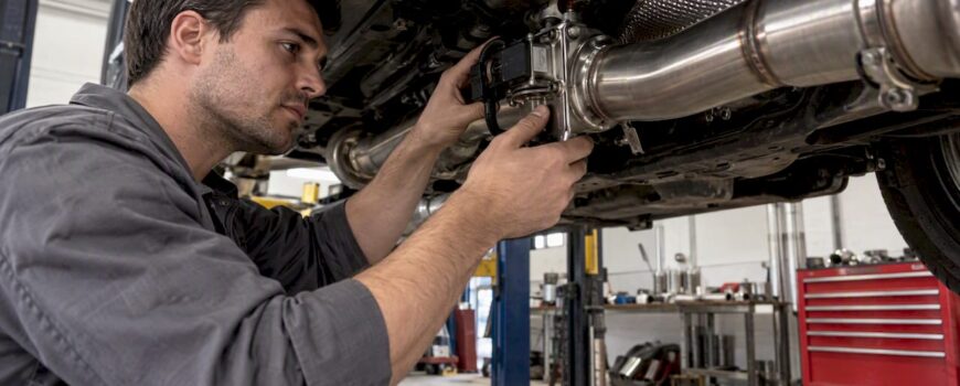 Technician inspecting a valved exhaust assembly