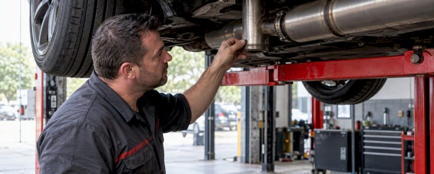 Mechanic inspecting exhaust resonator and side branch