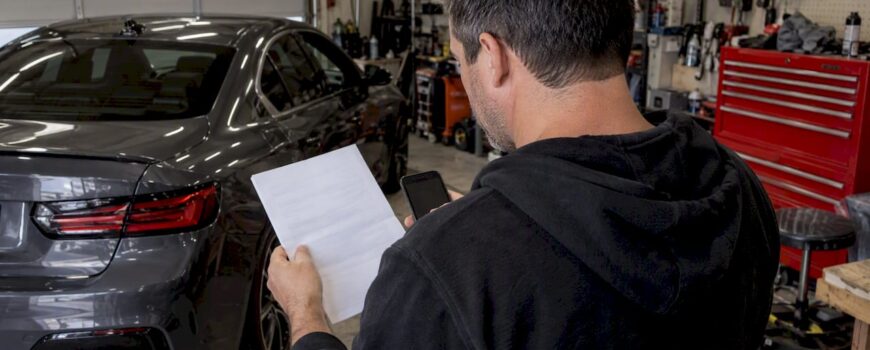 Owner checking exhaust approval beside a performance car