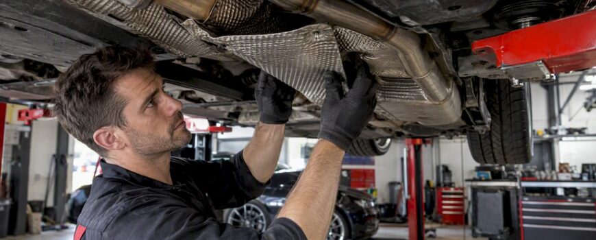 Mechanic inspecting a loose exhaust heat shield