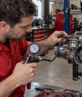 Mechanic checks a closed exhaust valve actuator