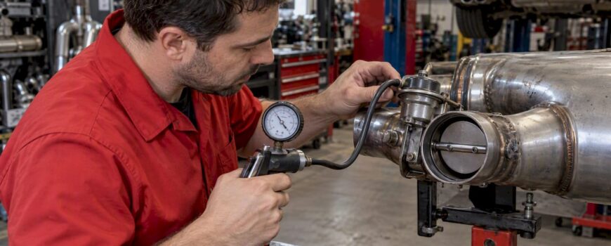 Mechanic checks a closed exhaust valve actuator