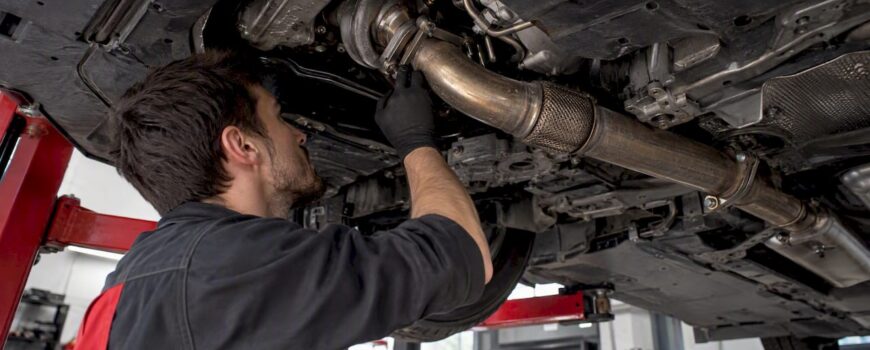 Mechanic inspecting a turbo downpipe connection