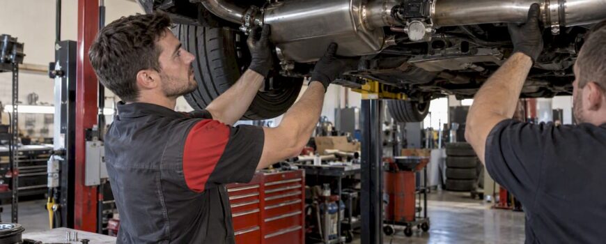 Technician fitting valved exhaust under lifted coupe