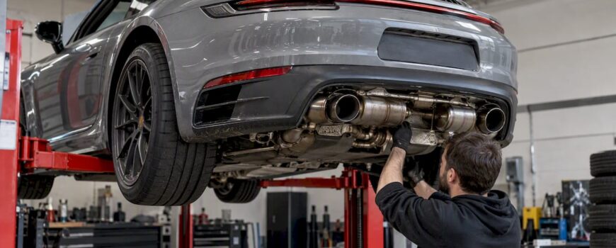 Porsche 911 raised for exhaust inspection